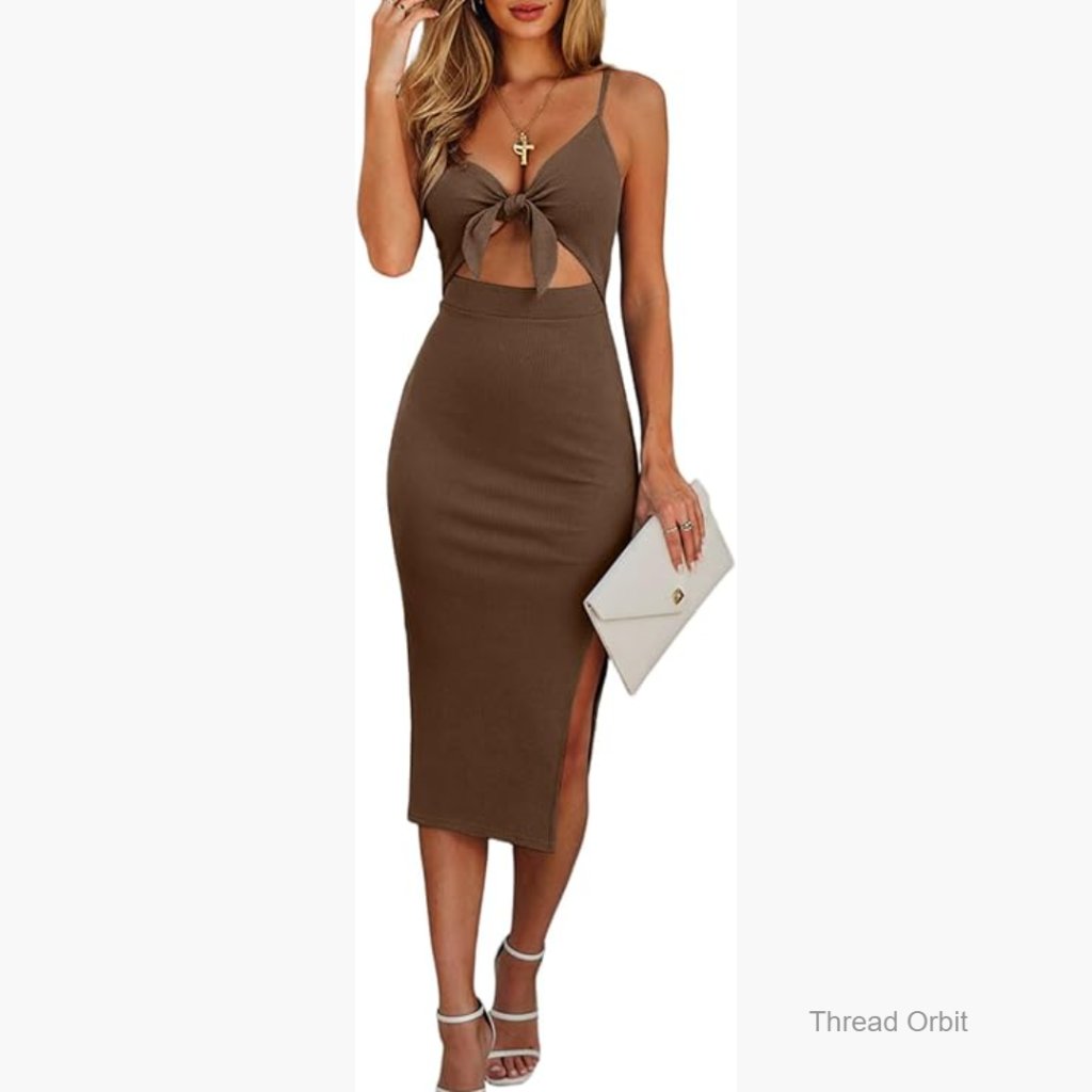 Sleeveless Ribbed Knit Bodycon Dress With Tie Knot Cut Out And Side Slit